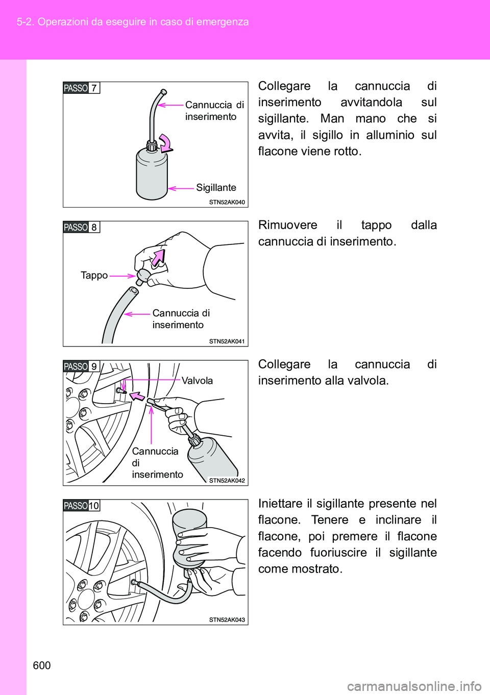 TOYOTA VERSO 2014  Manuale duso (in Italian) 600 5-2. Operazioni da eseguire in caso di emergenza
Collegare la cannuccia di
inserimento avvitandola sul
sigillante. Man mano che si
avvita, il sigillo in alluminio sul
flacone viene rotto.
Rimuover