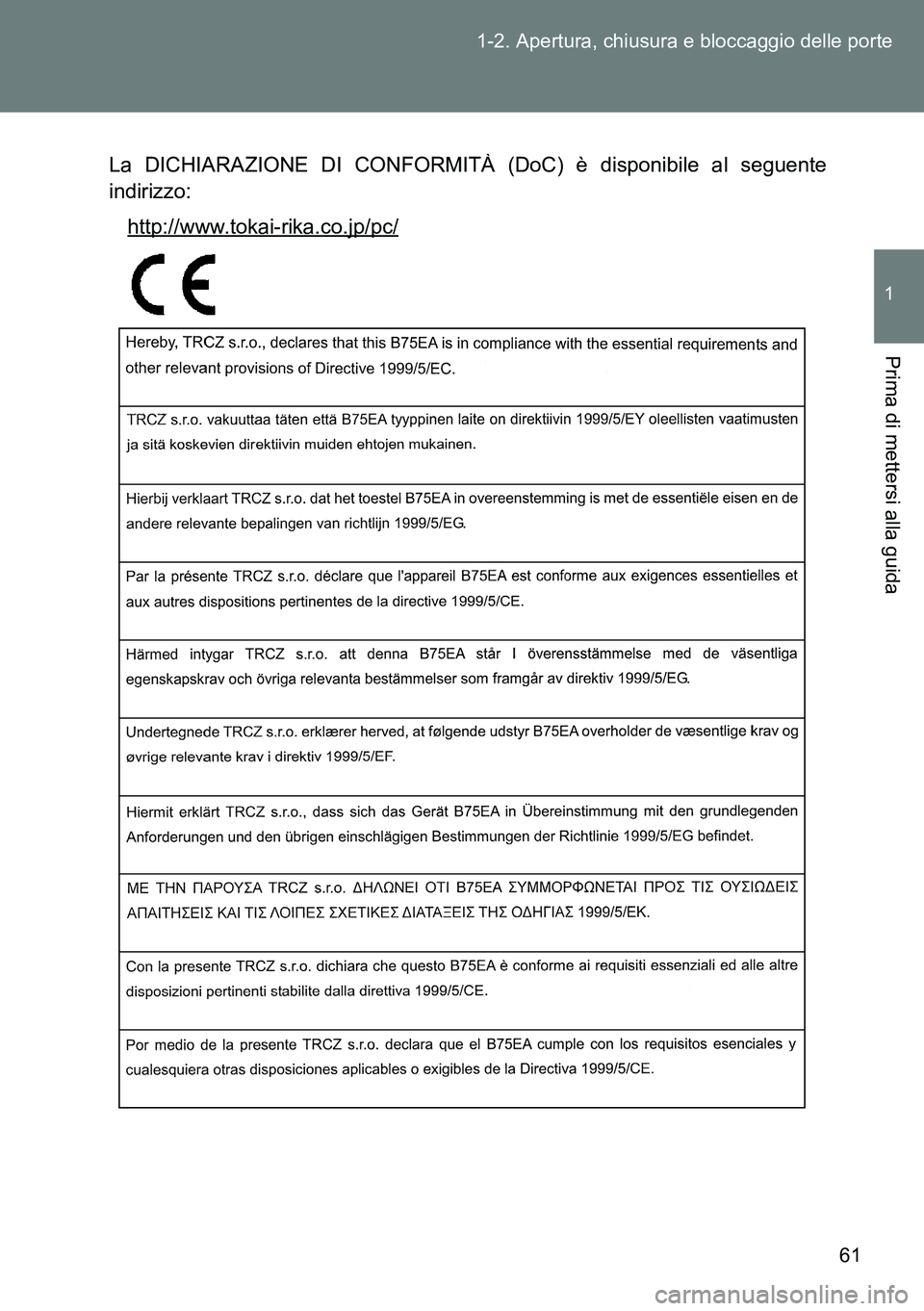 TOYOTA VERSO 2014  Manuale duso (in Italian) 61 1-2. Apertura, chiusura e bloccaggio delle porte
1
Prima di mettersi alla guida
La DICHIARAZIONE DI CONFORMITÀ (DoC) è disponibile al seguente
indirizzo:
http://www.tokai-rika.co.jp/pc/ 
