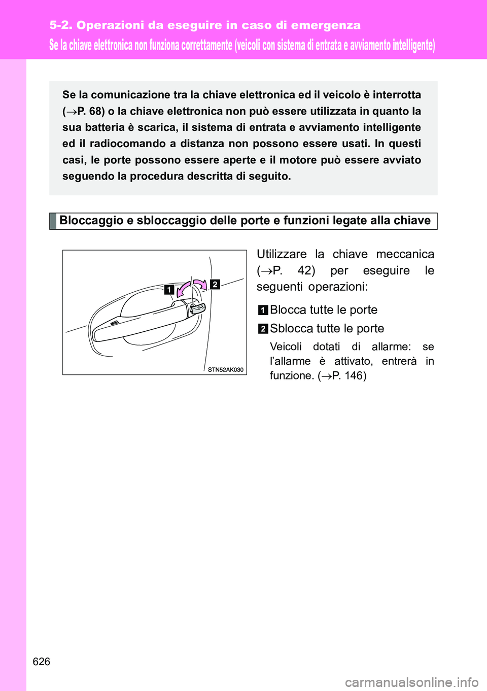 TOYOTA VERSO 2014 Manuale duso (in Italian) 626
5-2. Operazioni da eseguire in caso di emergenza
Se la chiave elettronica non funziona cor rettamente (veicoli con sistema di entrata e avviamento intelligente)
Bloccaggio e sbloccaggio delle port TOYOTA VERSO 2014 Manuale duso (in Italian) 626
5-2. Operazioni da eseguire in caso di emergenza
Se la chiave elettronica non funziona cor rettamente (veicoli con sistema di entrata e avviamento intelligente)
Bloccaggio e sbloccaggio delle port