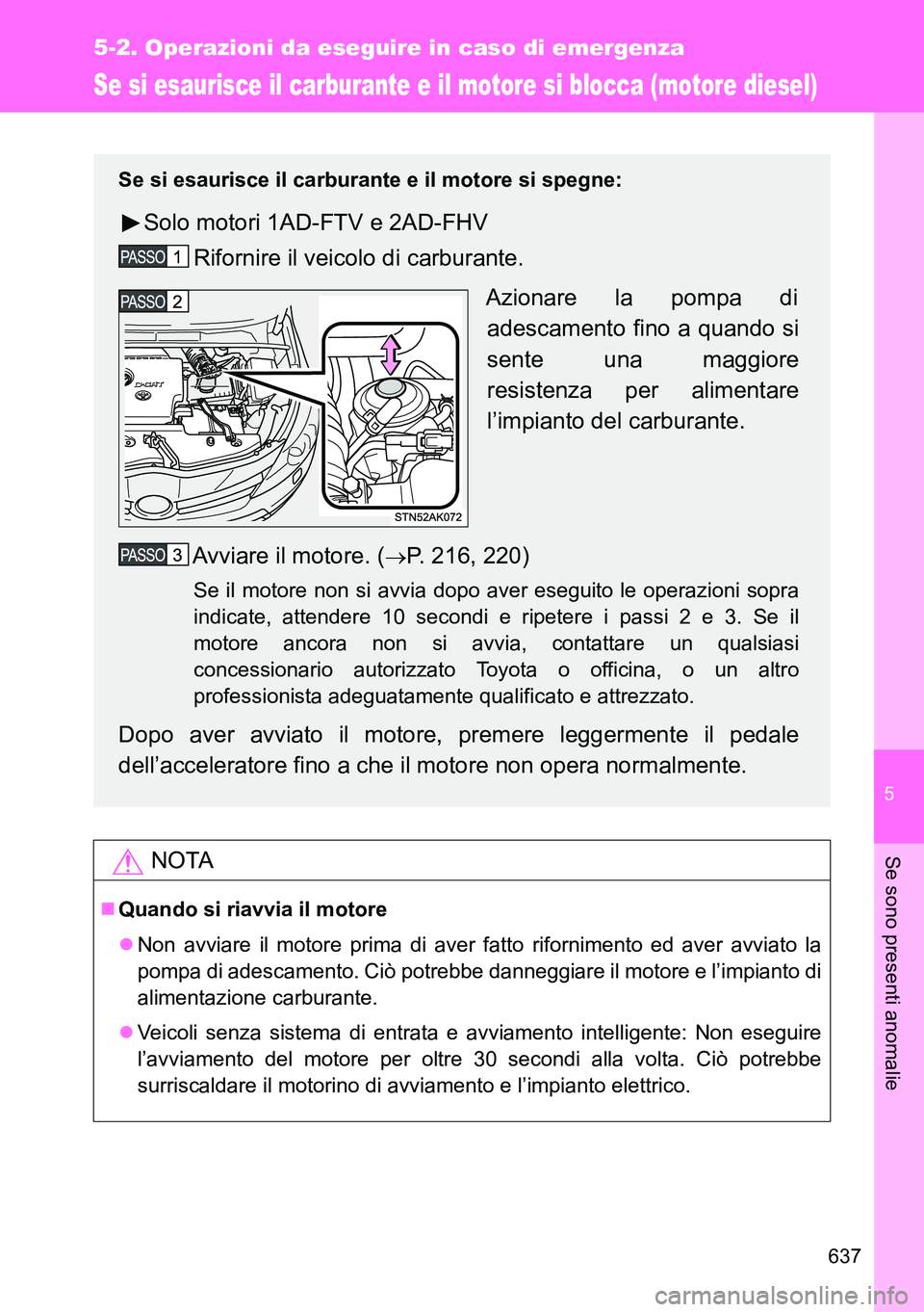 TOYOTA VERSO 2014 Manuale duso (in Italian) 5
637
5-2. Operazioni da eseguire in caso di emergenza
Se sono presenti anomalie
Se si esaurisce il carburante e il motore si blocca (motore diesel)
NOTA
Quando si riavvia il motore
Non avviare TOYOTA VERSO 2014 Manuale duso (in Italian) 5
637
5-2. Operazioni da eseguire in caso di emergenza
Se sono presenti anomalie
Se si esaurisce il carburante e il motore si blocca (motore diesel)
NOTA
Quando si riavvia il motore
Non avviare