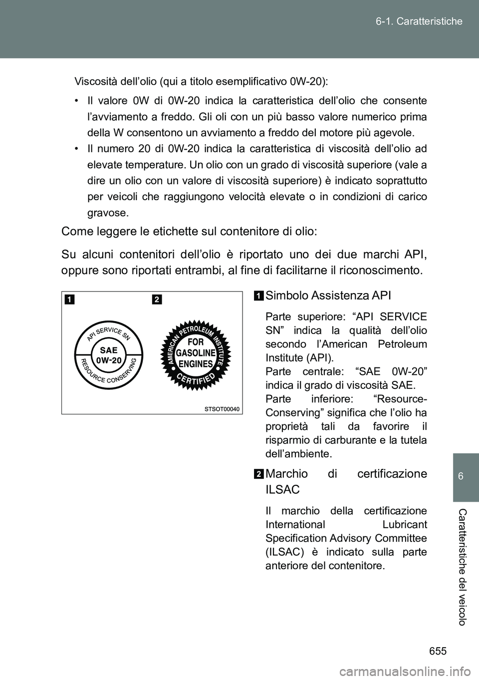 TOYOTA VERSO 2014 Manuale duso (in Italian) 655 6-1. Caratteristiche
6
Caratteristiche del veicolo
Viscosità dell’olio (qui a titolo esemplificativo 0W-20):
• Il valore 0W di 0W-20 indica la caratteristica dell’olio che consente
l’avvi TOYOTA VERSO 2014 Manuale duso (in Italian) 655 6-1. Caratteristiche
6
Caratteristiche del veicolo
Viscosità dell’olio (qui a titolo esemplificativo 0W-20):
• Il valore 0W di 0W-20 indica la caratteristica dell’olio che consente
l’avvi
