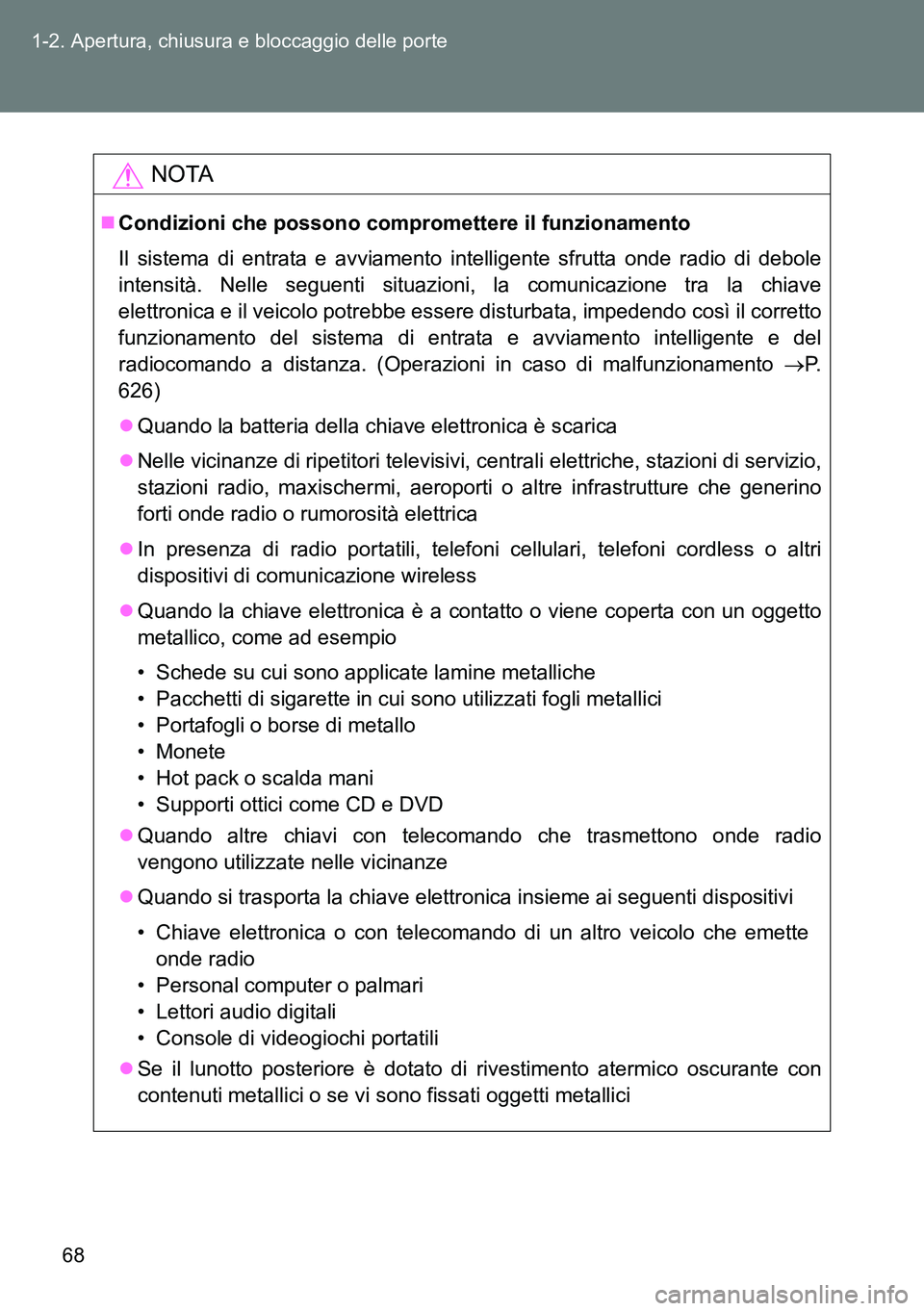 TOYOTA VERSO 2014 Manuale duso (in Italian) 68 1-2. Apertura, chiusura e bloccaggio delle porte
NOTA
Condizioni che possono compromettere il funzionamento
Il sistema di entrata e avviamento intelligente sfrutta onde radio di debole
intensit TOYOTA VERSO 2014 Manuale duso (in Italian) 68 1-2. Apertura, chiusura e bloccaggio delle porte
NOTA
Condizioni che possono compromettere il funzionamento
Il sistema di entrata e avviamento intelligente sfrutta onde radio di debole
intensit