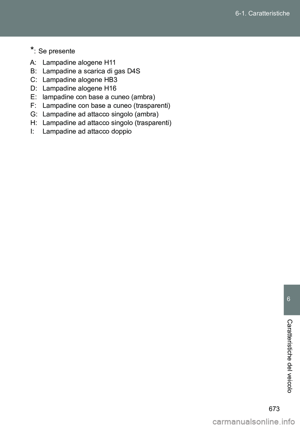 TOYOTA VERSO 2014  Manuale duso (in Italian) 673 6-1. Caratteristiche
6
Caratteristiche del veicolo
*: Se presente
A: Lampadine alogene H11
B: Lampadine a scarica di gas D4S
C: Lampadine alogene HB3
D: Lampadine alogene H16
E: lampadine con base