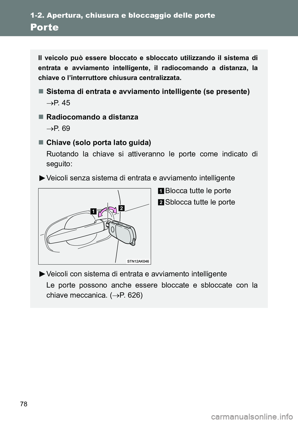 TOYOTA VERSO 2014  Manuale duso (in Italian) 78
1-2. Apertura, chiusura e bloccaggio delle porte
Por te
Il veicolo può essere bloccato e sbloccato utilizzando il sistema di
entrata e avviamento intelligente, il radiocomando a distanza, la
chiav