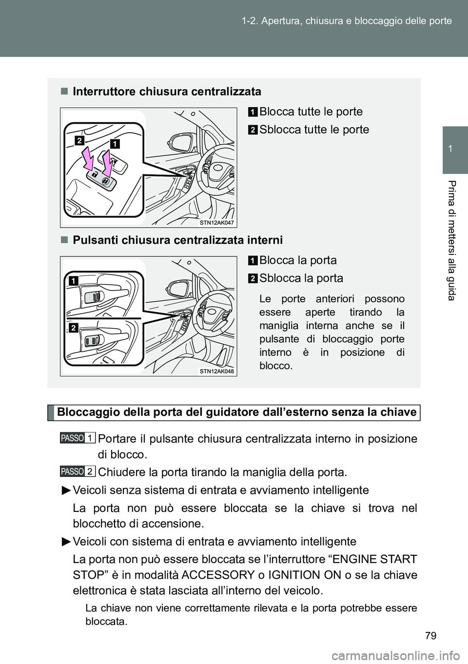TOYOTA VERSO 2014  Manuale duso (in Italian) 79 1-2. Apertura, chiusura e bloccaggio delle porte
1
Prima di mettersi alla guida
Bloccaggio della porta del guidatore dall’esterno senza la chiave
Portare il pulsante chiusura centralizzata intern