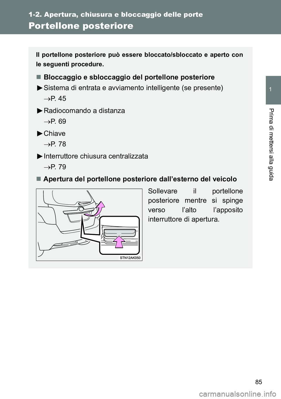 TOYOTA VERSO 2014 Manuale duso (in Italian) 85
1
1-2. Apertura, chiusura e bloccaggio delle porte
Prima di mettersi alla guida
Por tellone posteriore
Il portellone posteriore può essere bloccato/sbloccato e aperto con
le seguenti procedure.
TOYOTA VERSO 2014 Manuale duso (in Italian) 85
1
1-2. Apertura, chiusura e bloccaggio delle porte
Prima di mettersi alla guida
Por tellone posteriore
Il portellone posteriore può essere bloccato/sbloccato e aperto con
le seguenti procedure.