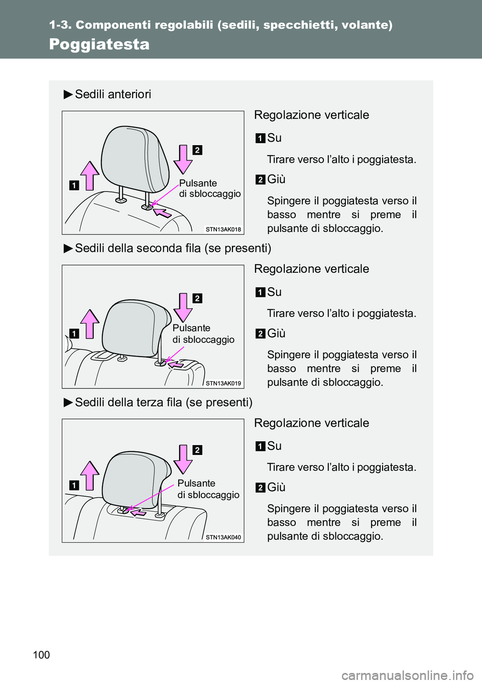 TOYOTA VERSO 2014  Manuale duso (in Italian) 100
1-3. Componenti regolabili (sedili, specchietti, volante)
Poggiatesta
Sedili anteriori
Regolazione verticale
Su
Tirare verso l’alto i poggiatesta.
Giù
Spingere il poggiatesta verso il
basso men