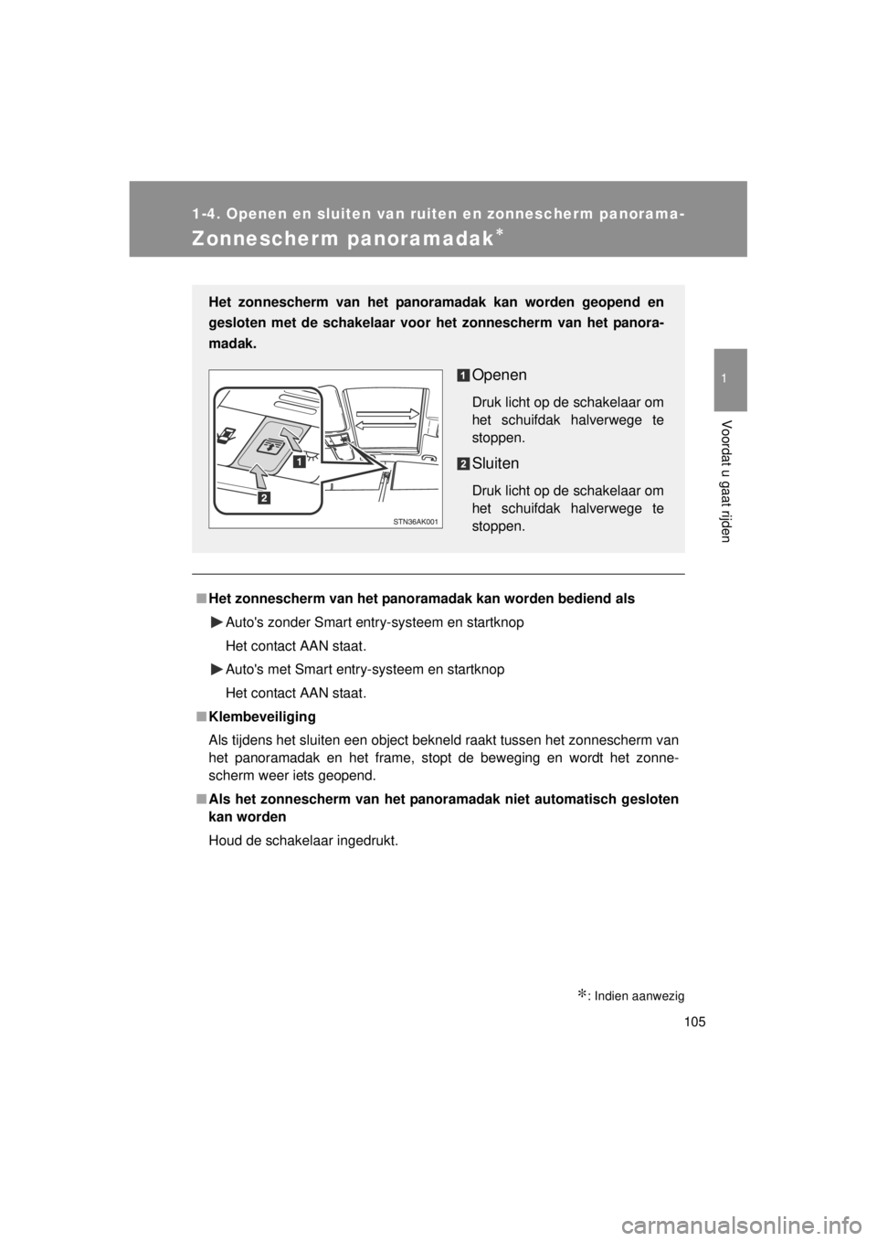 TOYOTA VERSO 2014  Instructieboekje (in Dutch) 105
1
1-4. Openen en sluiten van ruiten en zonnescherm panorama-
Voordat u gaat rijden
VERSO(BMW)_WE_OM64558E
Zonnescherm panoramadak∗
∗: Indien aanwezig
■Het zonnescherm van het panorama dak ka