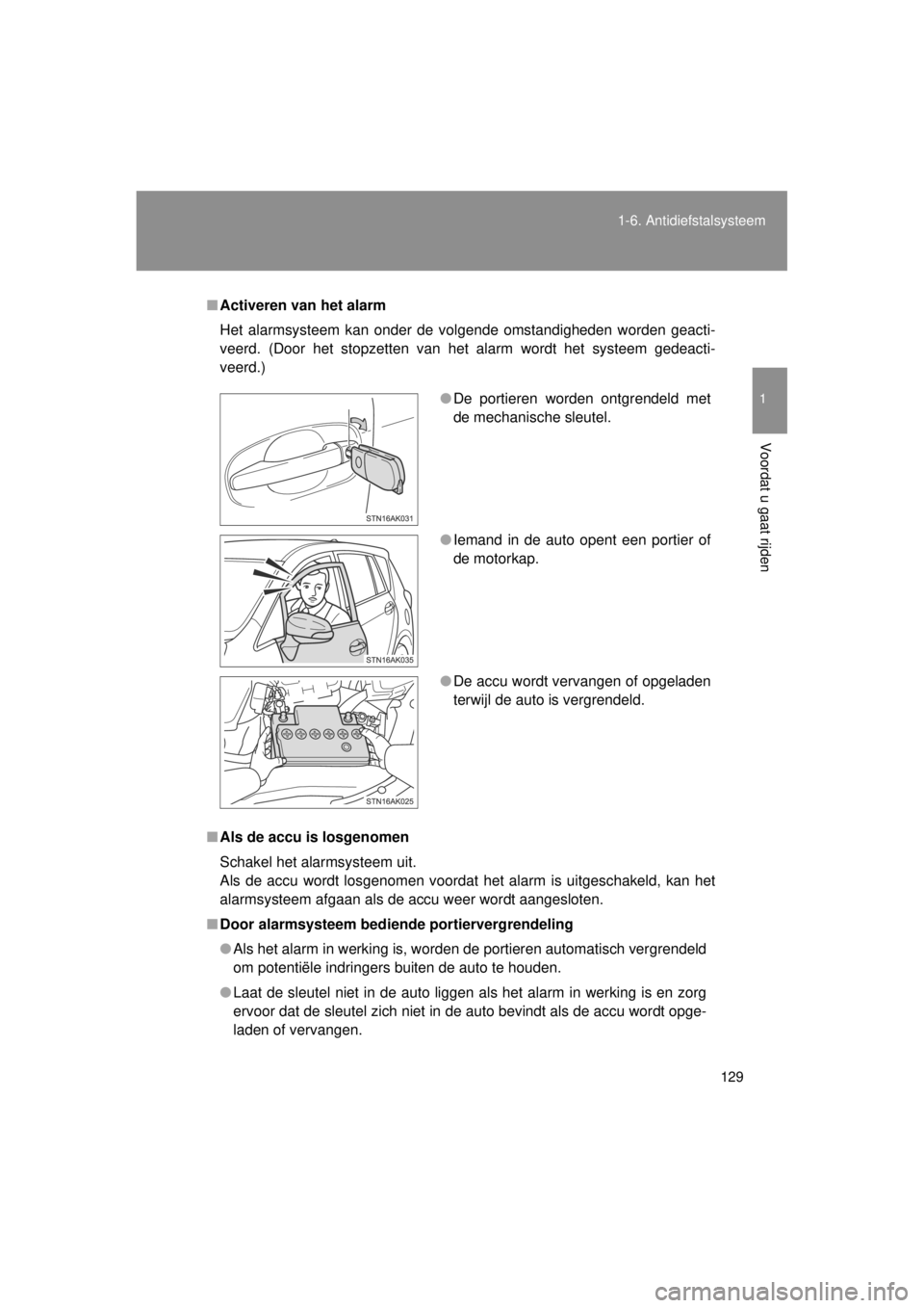 TOYOTA VERSO 2014  Instructieboekje (in Dutch) 129
1-6. Antidiefstalsysteem
1
Voordat u gaat rijden
VERSO(BMW)_WE_OM64558E
■
Activeren van het alarm
Het alarmsysteem kan onder de volgende omstandigheden worden geacti-
veerd. (Door het stopzetten