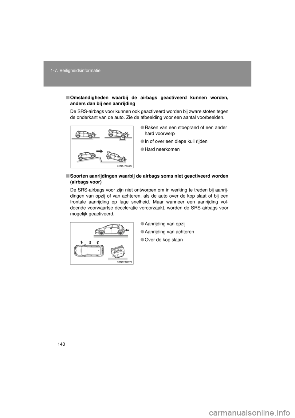TOYOTA VERSO 2014  Instructieboekje (in Dutch) 140
1-7. Veiligheidsinformatie
VERSO(BMW)_WE_OM64558E
■
Omstandigheden waarbij de ai rbags geactiveerd kunnen worden,
anders dan bij een aanrijding
De SRS-airbags voor kunnen ook geactiveerd worden 