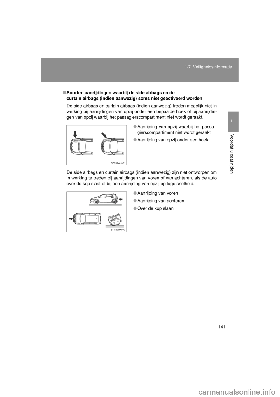 TOYOTA VERSO 2014  Instructieboekje (in Dutch) 141
1-7. Veiligheidsinformatie
1
Voordat u gaat rijden
VERSO(BMW)_WE_OM64558E
■
Soorten aanrijdingen waarbij de side airbags en de 
curtain airbags (indien aanwezig) soms niet geactiveerd worden
De 