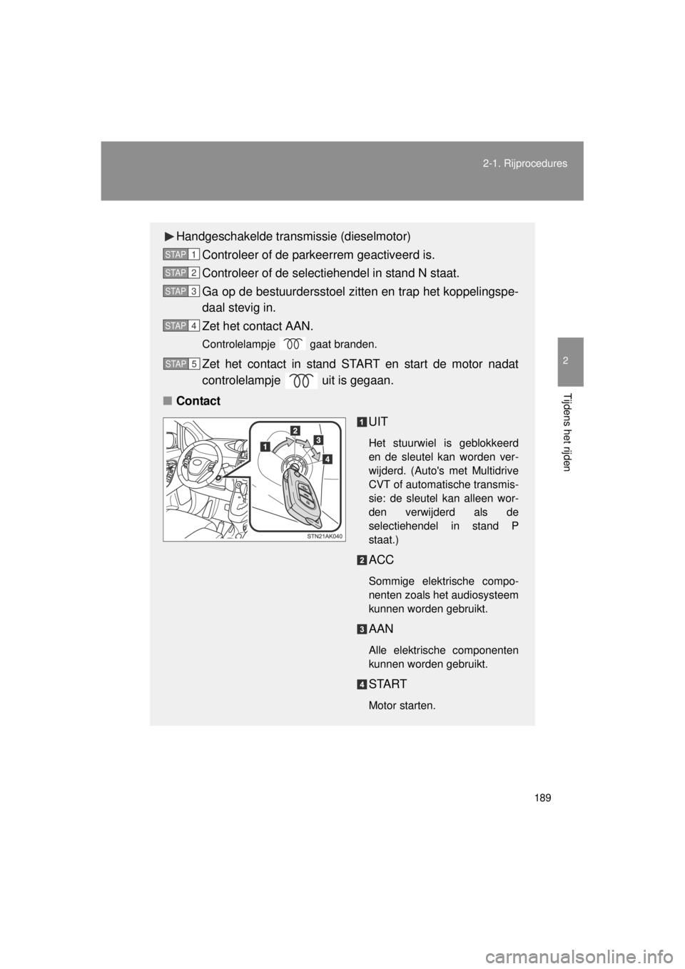 TOYOTA VERSO 2014  Instructieboekje (in Dutch) 189
2-1. Rijprocedures
2
Tijdens het rijden
VERSO(BMW)_WE_OM64558E
Handgeschakelde transmissie (dieselmotor)
Controleer of de parkeerrem geactiveerd is.
Controleer of de selectiehendel in stand N staa