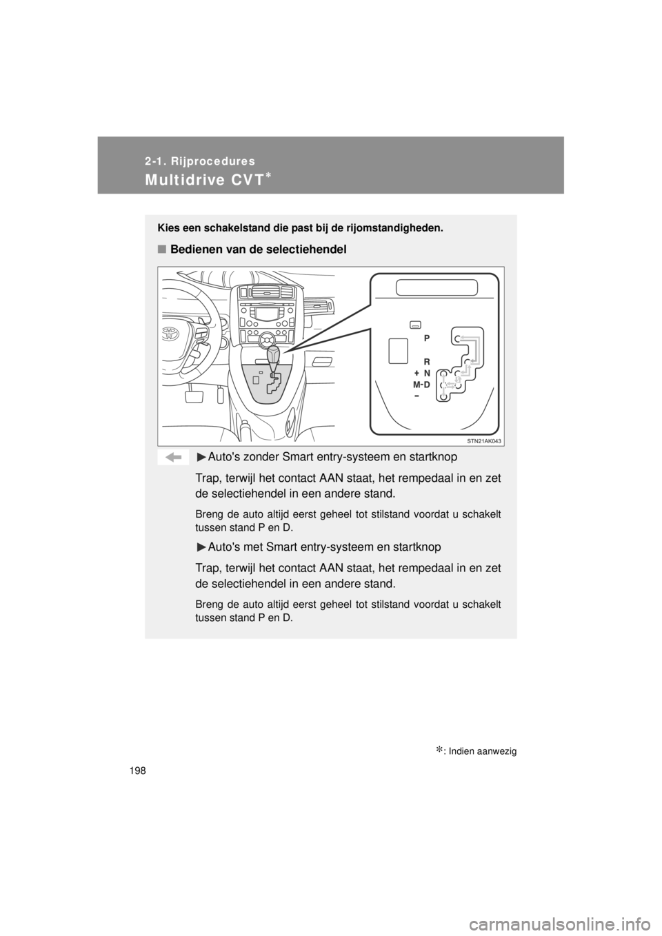 TOYOTA VERSO 2014  Instructieboekje (in Dutch) 198
2-1. Rijprocedures
VERSO(BMW)_WE_OM64558E
Multidrive CVT∗
∗: Indien aanwezig
Kies een schakelstand die past bij de rijomstandigheden.
■Bedienen van de selectiehendel
Autos zonder Smart entr