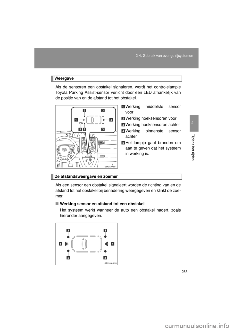 TOYOTA VERSO 2014  Instructieboekje (in Dutch) 265
2-4. Gebruik van overige rijsystemen
2
Tijdens het rijden
VERSO(BMW)_WE_OM64558E
Weergave
Als de sensoren een obstakel signaleren, wordt het controlelampje
Toyota Parking Assist-sensor verlicht do