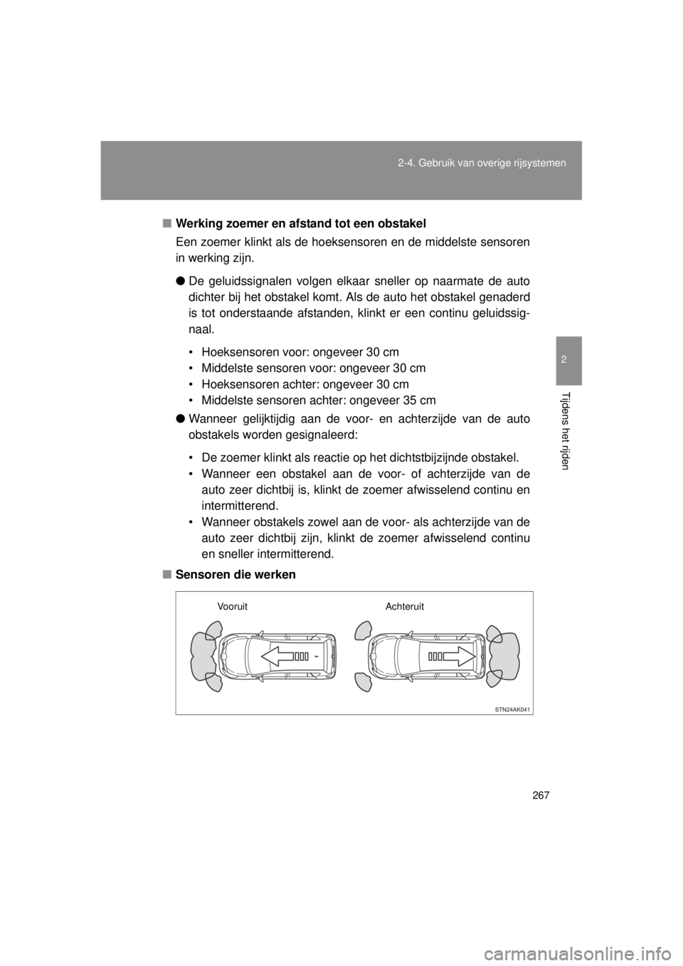 TOYOTA VERSO 2014  Instructieboekje (in Dutch) 267
2-4. Gebruik van overige rijsystemen
2
Tijdens het rijden
VERSO(BMW)_WE_OM64558E
■
Werking zoemer en afstand tot een obstakel
Een zoemer klinkt als de hoeksensoren en de middelste sensoren
in we