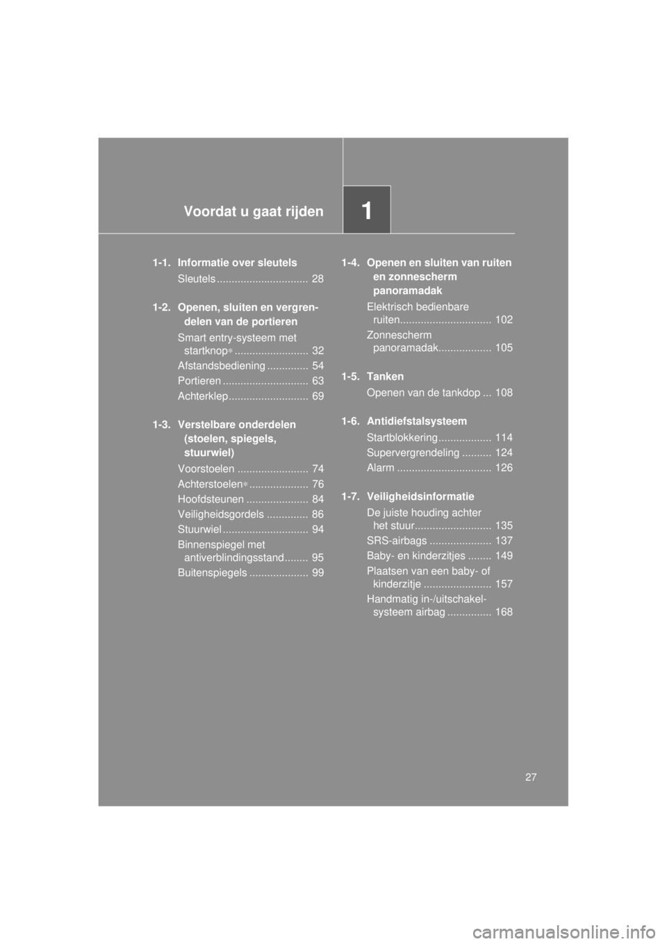 TOYOTA VERSO 2014 Instructieboekje (in Dutch) 1Voordat u gaat rijden
27
VERSO(BMW)_WE_OM64558E
1-1. Informatie over sleutelsSleutels ............................... 28
1-2. Openen, sluiten en vergren- delen van de portieren
Smart entry-systeem m TOYOTA VERSO 2014 Instructieboekje (in Dutch) 1Voordat u gaat rijden
27
VERSO(BMW)_WE_OM64558E
1-1. Informatie over sleutelsSleutels ............................... 28
1-2. Openen, sluiten en vergren- delen van de portieren
Smart entry-systeem m