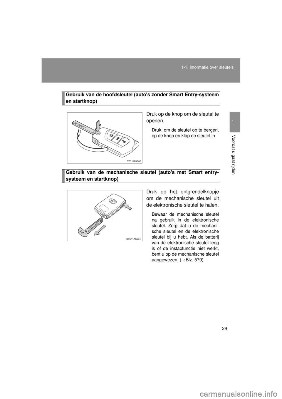 TOYOTA VERSO 2014 Instructieboekje (in Dutch) 29
1-1. Informatie over sleutels
1
Voordat u gaat rijden
VERSO(BMW)_WE_OM64558E
Gebruik van de hoofdsleutel (a
utos zonder Smart Entry-systeem
en startknop)
Druk op de knop om de sleutel te
openen.
D TOYOTA VERSO 2014 Instructieboekje (in Dutch) 29
1-1. Informatie over sleutels
1
Voordat u gaat rijden
VERSO(BMW)_WE_OM64558E
Gebruik van de hoofdsleutel (a
utos zonder Smart Entry-systeem
en startknop)
Druk op de knop om de sleutel te
openen.
D