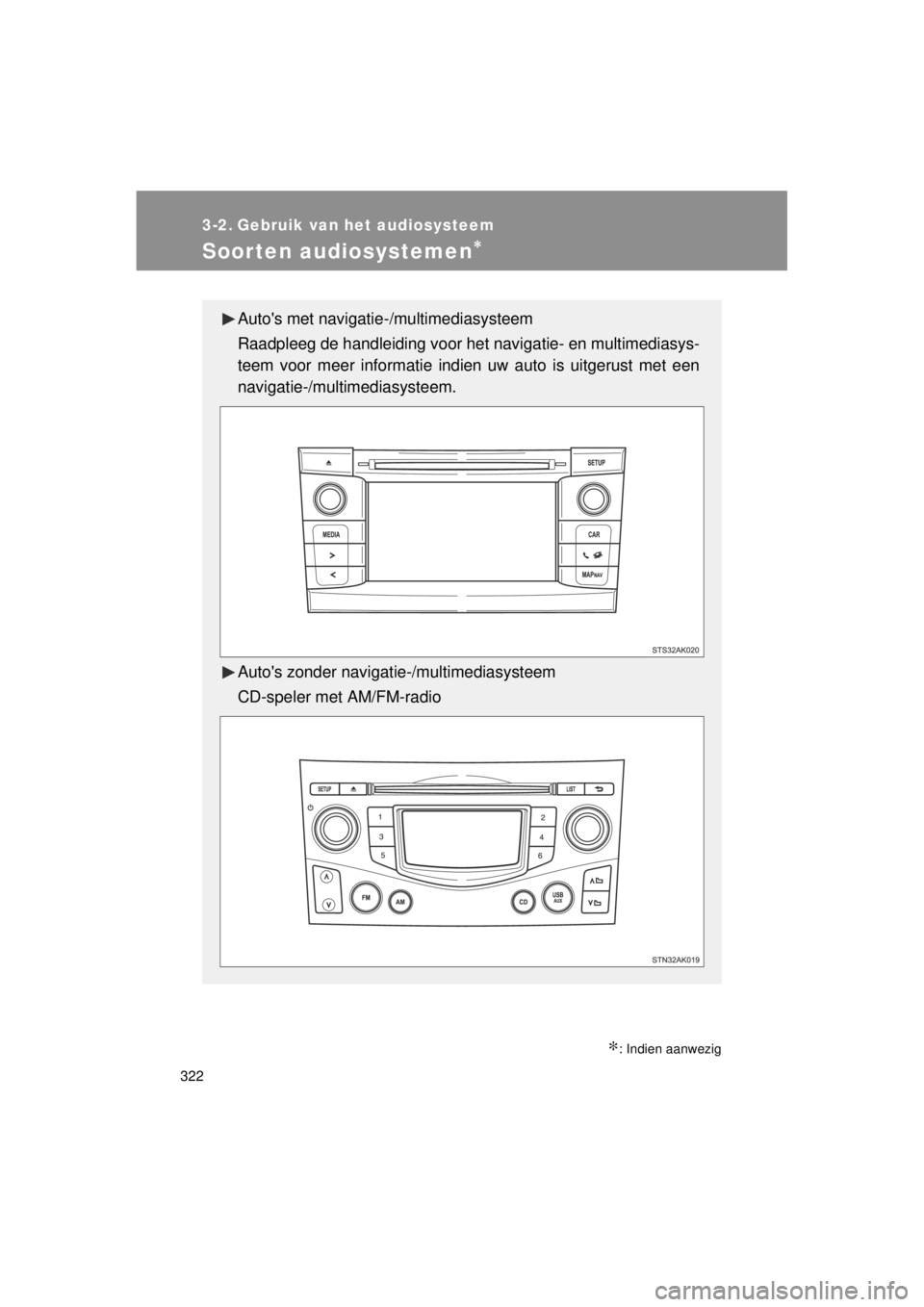 TOYOTA VERSO 2014 Instructieboekje (in Dutch) 322
VERSO(BMW)_WE_OM64558E
3-2. Gebruik van het audiosysteem
Soorten audiosystemen∗
∗: Indien aanwezig
Autos met navigatie-/multimediasysteem
Raadpleeg de handleiding voor het navigatie- en multi TOYOTA VERSO 2014 Instructieboekje (in Dutch) 322
VERSO(BMW)_WE_OM64558E
3-2. Gebruik van het audiosysteem
Soorten audiosystemen∗
∗: Indien aanwezig
Autos met navigatie-/multimediasysteem
Raadpleeg de handleiding voor het navigatie- en multi