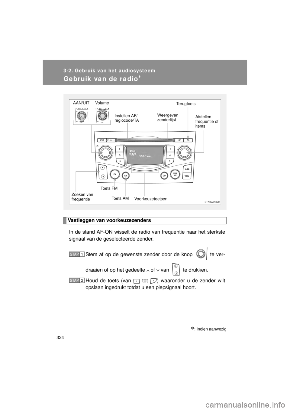 TOYOTA VERSO 2014 Instructieboekje (in Dutch) 324
3-2. Gebruik van het audiosysteem
VERSO(BMW)_WE_OM64558E
Gebruik van de radio∗
Vastleggen van voorkeuzezendersIn de stand AF-ON wisselt de radi o van frequentie naar het sterkste
signaal van de TOYOTA VERSO 2014 Instructieboekje (in Dutch) 324
3-2. Gebruik van het audiosysteem
VERSO(BMW)_WE_OM64558E
Gebruik van de radio∗
Vastleggen van voorkeuzezendersIn de stand AF-ON wisselt de radi o van frequentie naar het sterkste
signaal van de