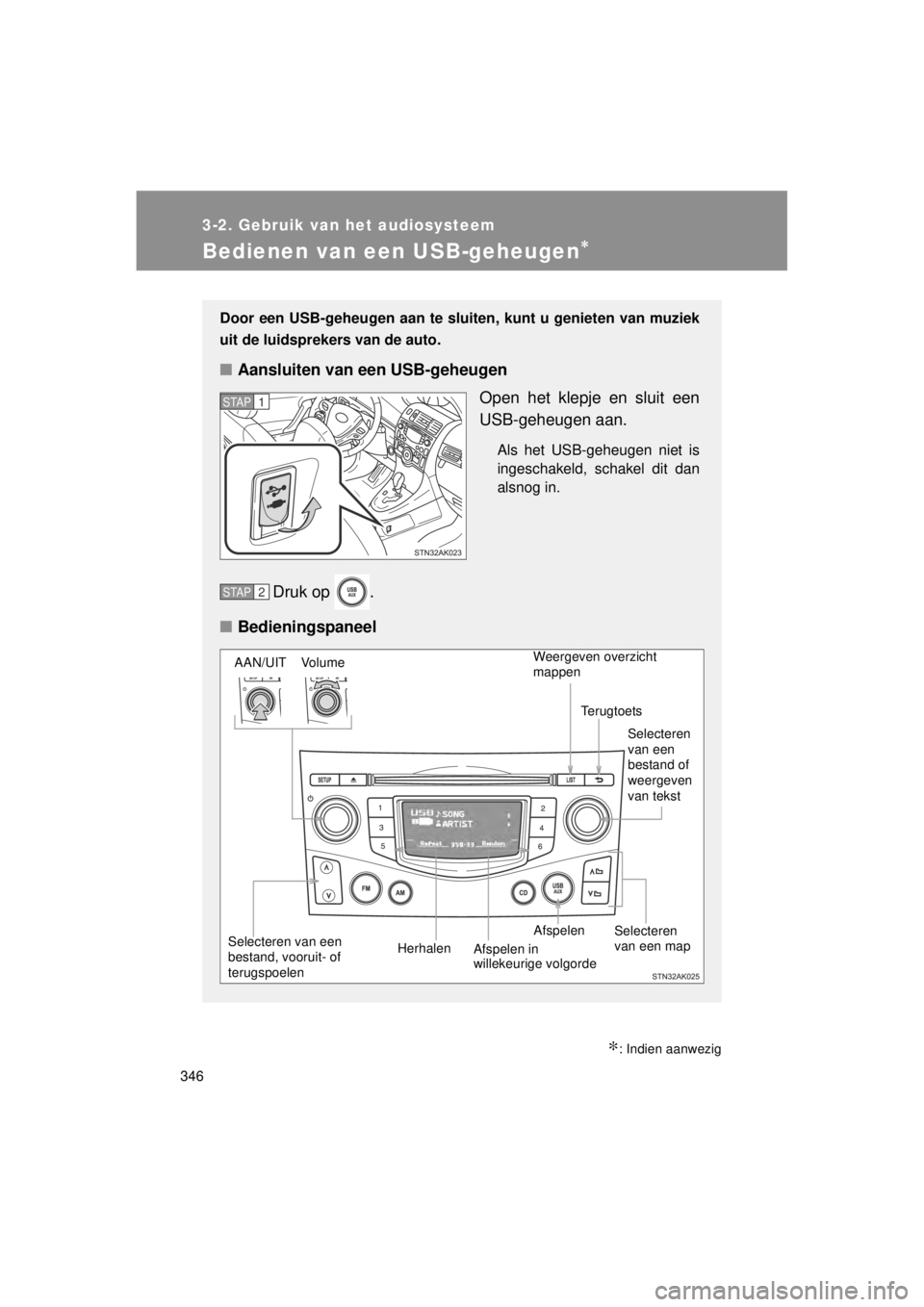 TOYOTA VERSO 2014 Instructieboekje (in Dutch) 346
3-2. Gebruik van het audiosysteem
VERSO(BMW)_WE_OM64558E
Bedienen van een USB-geheugen∗
∗: Indien aanwezig
Door een USB-geheugen aan te sluiten, kunt u genieten van muziek
uit de luidsprekers TOYOTA VERSO 2014 Instructieboekje (in Dutch) 346
3-2. Gebruik van het audiosysteem
VERSO(BMW)_WE_OM64558E
Bedienen van een USB-geheugen∗
∗: Indien aanwezig
Door een USB-geheugen aan te sluiten, kunt u genieten van muziek
uit de luidsprekers