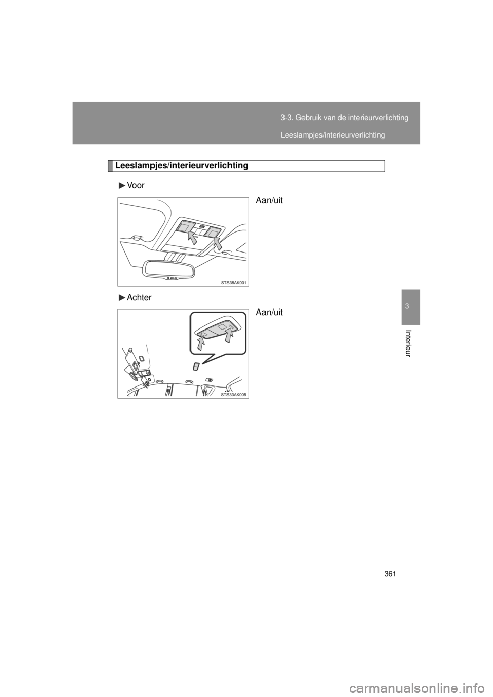TOYOTA VERSO 2014  Instructieboekje (in Dutch) 361
3-3. Gebruik van de interieurverlichting
3
Interieur
VERSO(BMW)_WE_OM64558E
Leeslampjes/interieurverlichting
Vo o r Aan/uit
Achter Aan/uit
Leeslampjes/interieurverlichting 