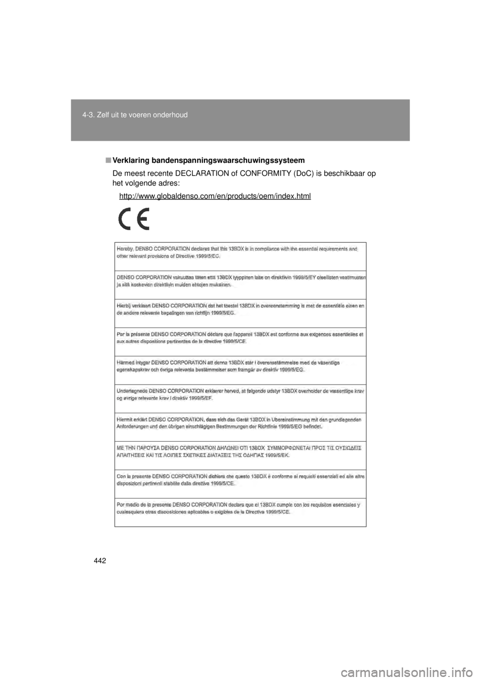 TOYOTA VERSO 2014  Instructieboekje (in Dutch) 442
4-3. Zelf uit te voeren onderhoud
VERSO(BMW)_WE_OM64558E
■
Verklaring bandenspanningswaarschuwingssysteem
De meest recente DECLARATION of CONFORMITY (DoC) is beschikbaar op
het volgende adres:
h