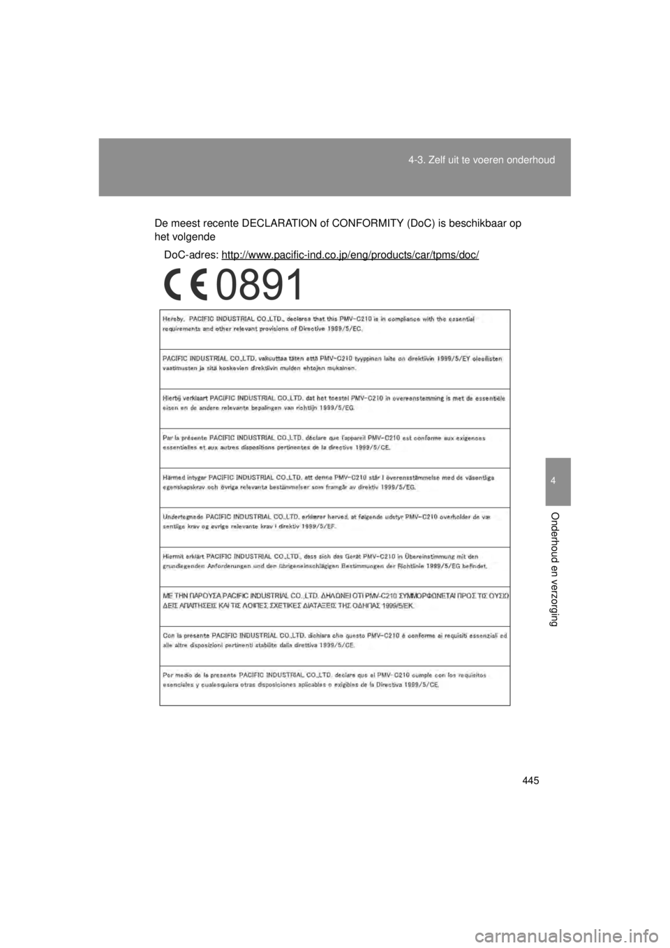 TOYOTA VERSO 2014  Instructieboekje (in Dutch) 445
4-3. Zelf uit te voeren onderhoud
4
Onderhoud en verzorging
VERSO(BMW)_WE_OM64558E
De meest recente DECLARATION of CONFORMITY (DoC) is beschikbaar op
het volgende
DoC-adres: http://www.pacific-ind