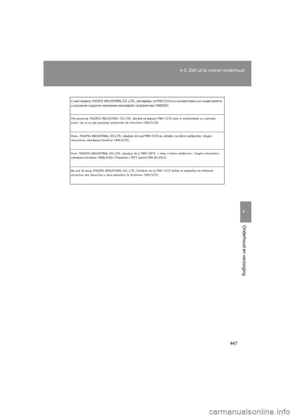 TOYOTA VERSO 2014  Instructieboekje (in Dutch) 447
4-3. Zelf uit te voeren onderhoud
4
Onderhoud en verzorging
VERSO(BMW)_WE_OM64558E 
