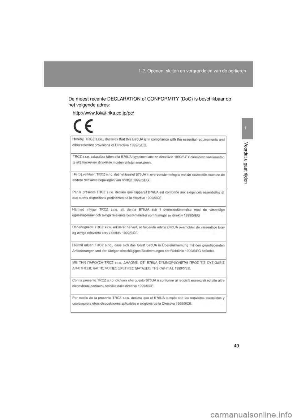 TOYOTA VERSO 2014  Instructieboekje (in Dutch) 49
1-2. Openen, sluiten en vergrendelen van de portieren
1
Voordat u gaat rijden
VERSO(BMW)_WE_OM64558E
De meest recente DECLARATION of CONFORMITY (DoC) is beschikbaar op
het volgende adres:
http://ww