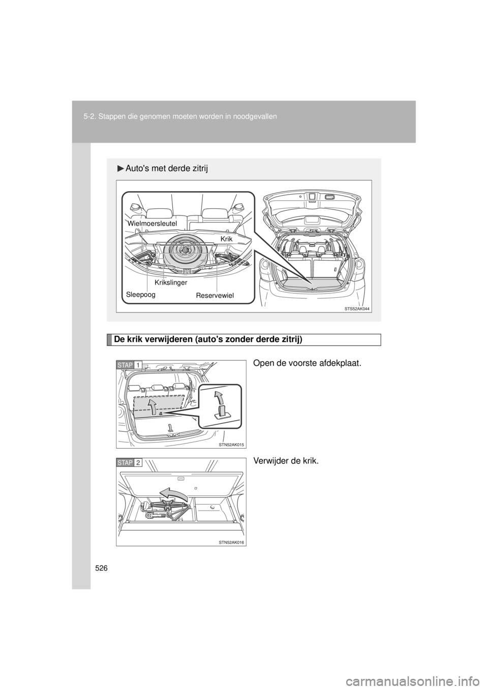 TOYOTA VERSO 2014  Instructieboekje (in Dutch) 526
5-2. Stappen die genomen moet
en worden in noodgevallen
VERSO(BMW)_WE_OM64558E
De krik verwijderen (autos zonder derde zitrij)
Open de voorste afdekplaat.
Verwijder de krik.
Autos met derde zitr