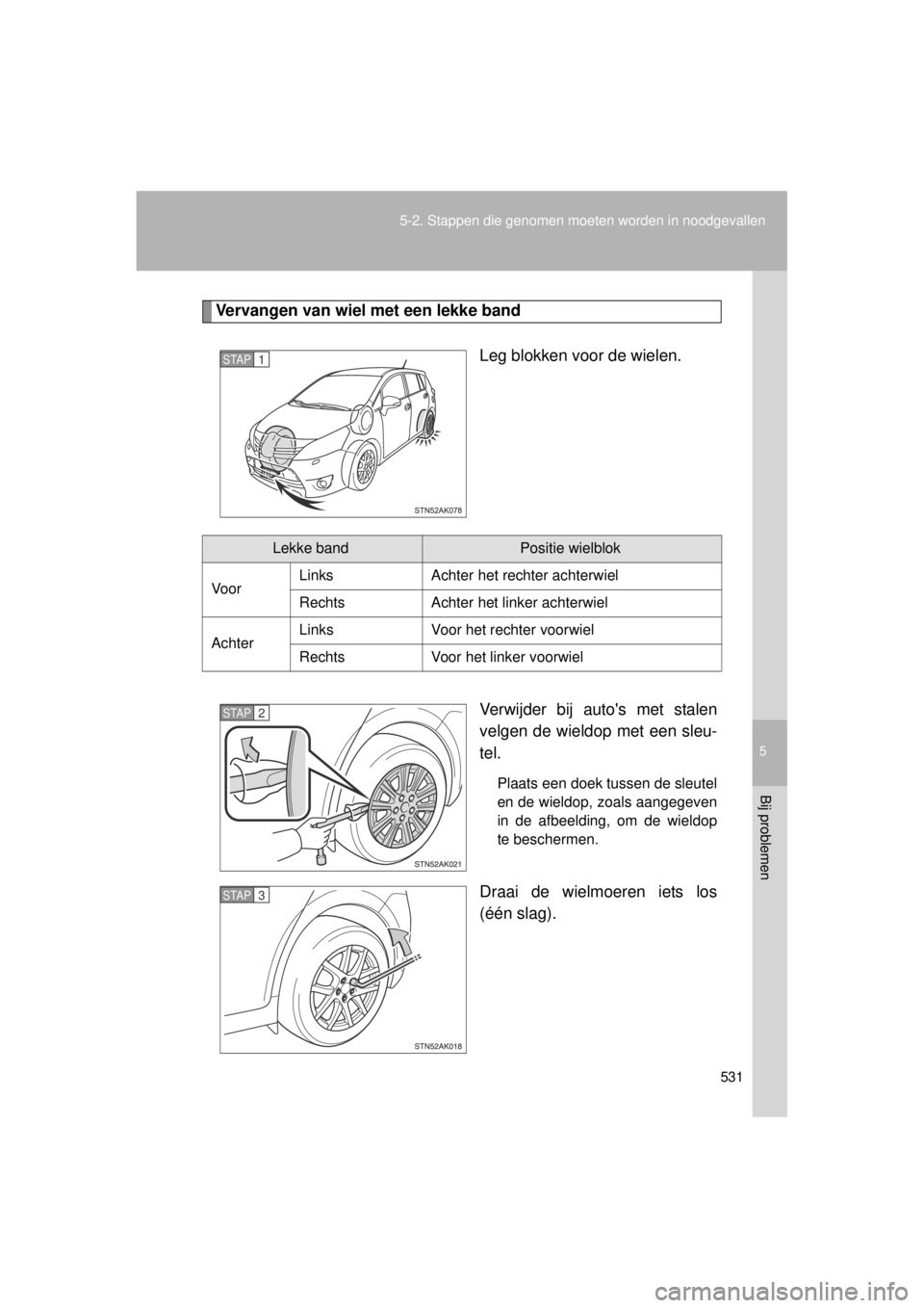 TOYOTA VERSO 2014 Instructieboekje (in Dutch) 5
531
5-2. Stappen die genomen moeten worden in noodgevallen
Bij problemen
VERSO(BMW)_WE_OM64558E
Vervangen van wiel met een lekke band
Leg blokken voor de wielen.
Verwijder bij autos met stalen
velg TOYOTA VERSO 2014 Instructieboekje (in Dutch) 5
531
5-2. Stappen die genomen moeten worden in noodgevallen
Bij problemen
VERSO(BMW)_WE_OM64558E
Vervangen van wiel met een lekke band
Leg blokken voor de wielen.
Verwijder bij autos met stalen
velg