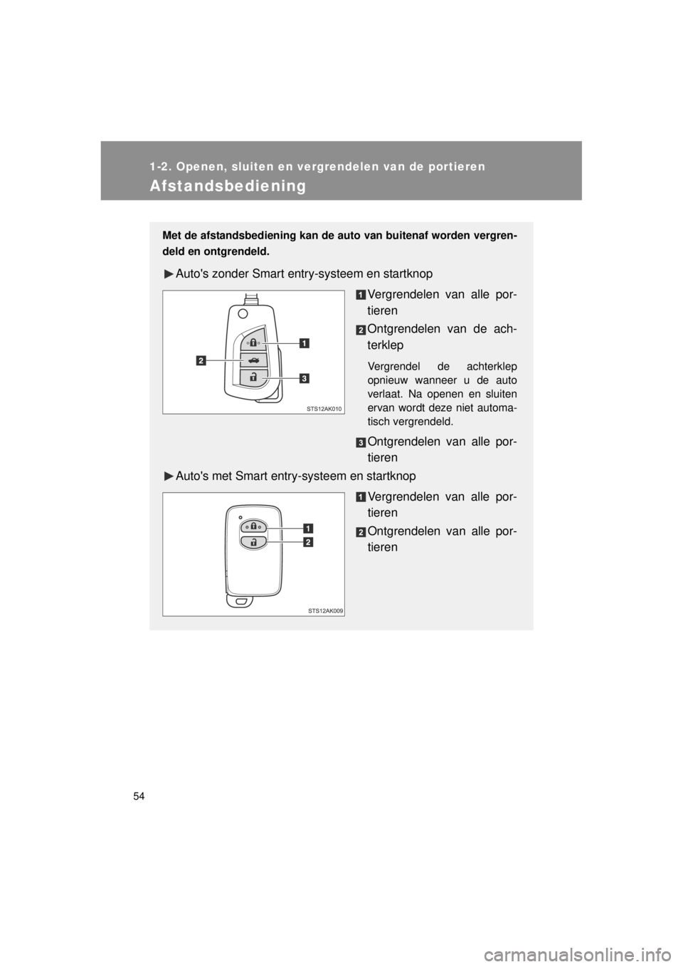 TOYOTA VERSO 2014 Instructieboekje (in Dutch) 54
1-2. Openen, sluiten en vergrendelen van de portieren
VERSO(BMW)_WE_OM64558E
Afstandsbediening
Met de afstandsbediening kan de auto van buitenaf worden vergren-
deld en ontgrendeld.
Autos zonder S TOYOTA VERSO 2014 Instructieboekje (in Dutch) 54
1-2. Openen, sluiten en vergrendelen van de portieren
VERSO(BMW)_WE_OM64558E
Afstandsbediening
Met de afstandsbediening kan de auto van buitenaf worden vergren-
deld en ontgrendeld.
Autos zonder S