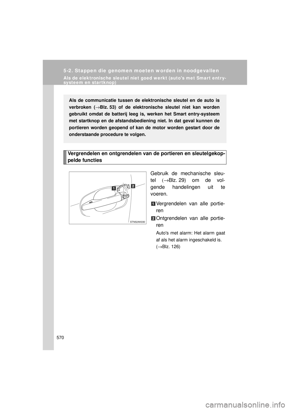 TOYOTA VERSO 2014 Instructieboekje (in Dutch) 570
5-2. Stappen die genomen moeten worden in noodgevallen
VERSO(BMW)_WE_OM64558E
Als de elektronische sleutel niet goed werkt (autos met Smar t entr y-
systeem en startknop)
Vergrendelen en ontgrend TOYOTA VERSO 2014 Instructieboekje (in Dutch) 570
5-2. Stappen die genomen moeten worden in noodgevallen
VERSO(BMW)_WE_OM64558E
Als de elektronische sleutel niet goed werkt (autos met Smar t entr y-
systeem en startknop)
Vergrendelen en ontgrend