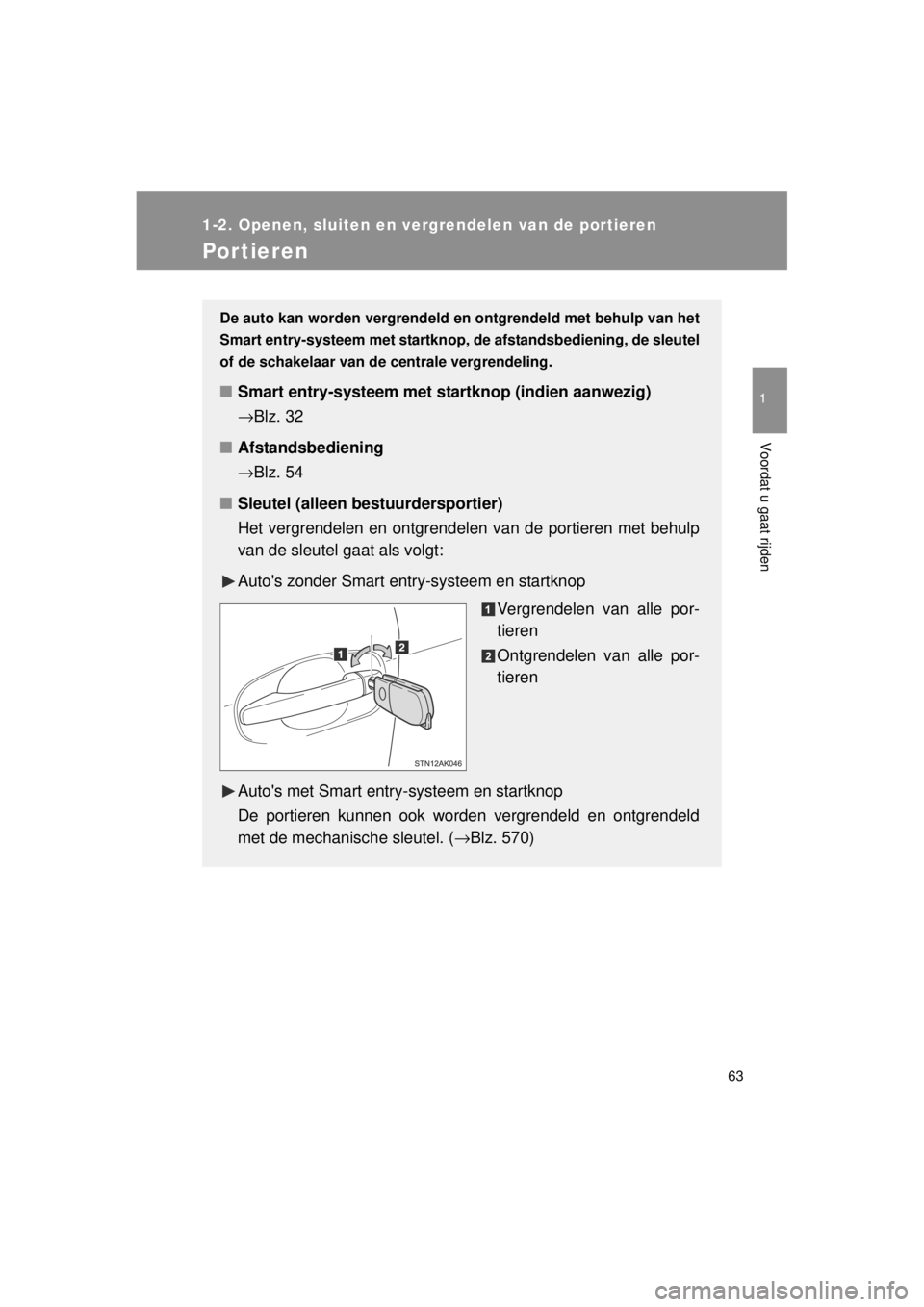 TOYOTA VERSO 2014  Instructieboekje (in Dutch) 63
1
1-2. Openen, sluiten en vergrendelen van de portieren
Voordat u gaat rijden
VERSO(BMW)_WE_OM64558E
Por tieren
De auto kan worden vergrendeld en ontgrendeld met behulp van het
Smart entry-systeem 