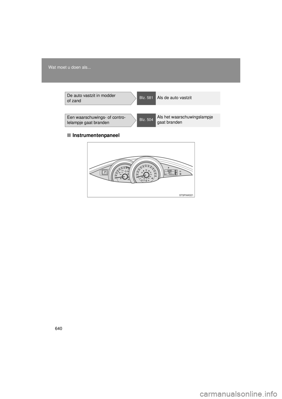 TOYOTA VERSO 2014 Instructieboekje (in Dutch) 640
Wat moet u doen als...
VERSO(BMW)_WE_OM64558E
■
Instrumentenpaneel
De auto vastzit in modder
of zandBlz. 581Als de auto vastzit
Een waarschuwings- of contro-
lelampje gaat brandenBlz. 504Als he TOYOTA VERSO 2014 Instructieboekje (in Dutch) 640
Wat moet u doen als...
VERSO(BMW)_WE_OM64558E
■
Instrumentenpaneel
De auto vastzit in modder
of zandBlz. 581Als de auto vastzit
Een waarschuwings- of contro-
lelampje gaat brandenBlz. 504Als he