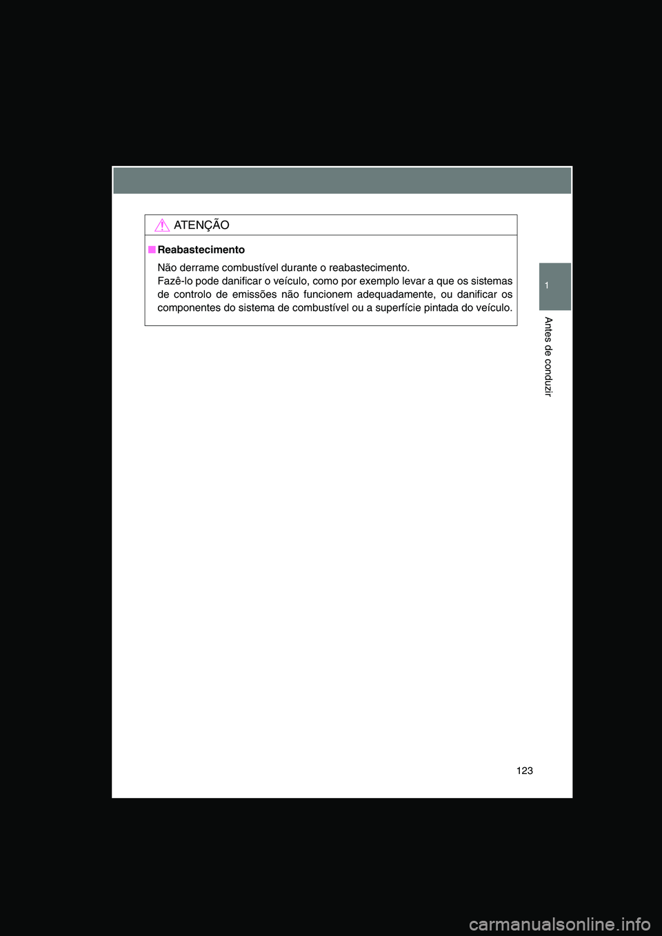 TOYOTA VERSO 2014  Manual de utilização (in Portuguese) 123
1
Antes de conduzir
AT E N Ç Ã O
■Reabastecimento
Não derrame combustível durante o reabastecimento.
Fazê-lo pode danificar o veículo, como por exemplo levar a que os sistemas
de controlo 