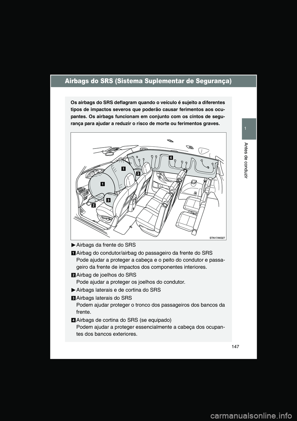 TOYOTA VERSO 2014  Manual de utilização (in Portuguese) 147
1
Antes de conduzir
Airbags do SRS (Sistema Suplementar de Segurança)
Os airbags do SRS deflagram quando o veículo é sujeito a diferentes
tipos de impactos severos que poderão causar ferimento