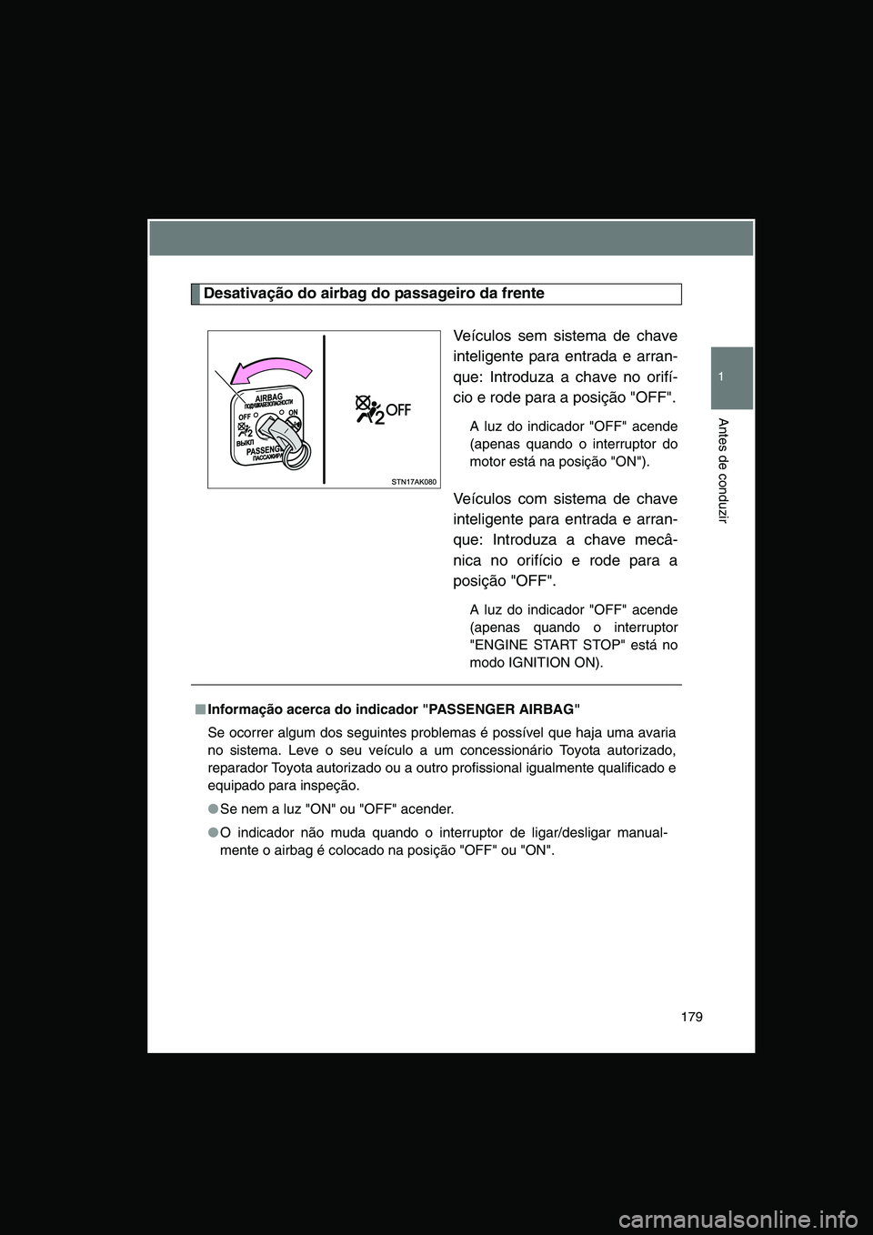 TOYOTA VERSO 2014  Manual de utilização (in Portuguese) 179
1
Antes de conduzir
Desativação do airbag do passageiro da frente
Veículos sem sistema de chave
inteligente para entrada e arran-
que: Introduza a chave no orifí-
cio e rode para a posição "