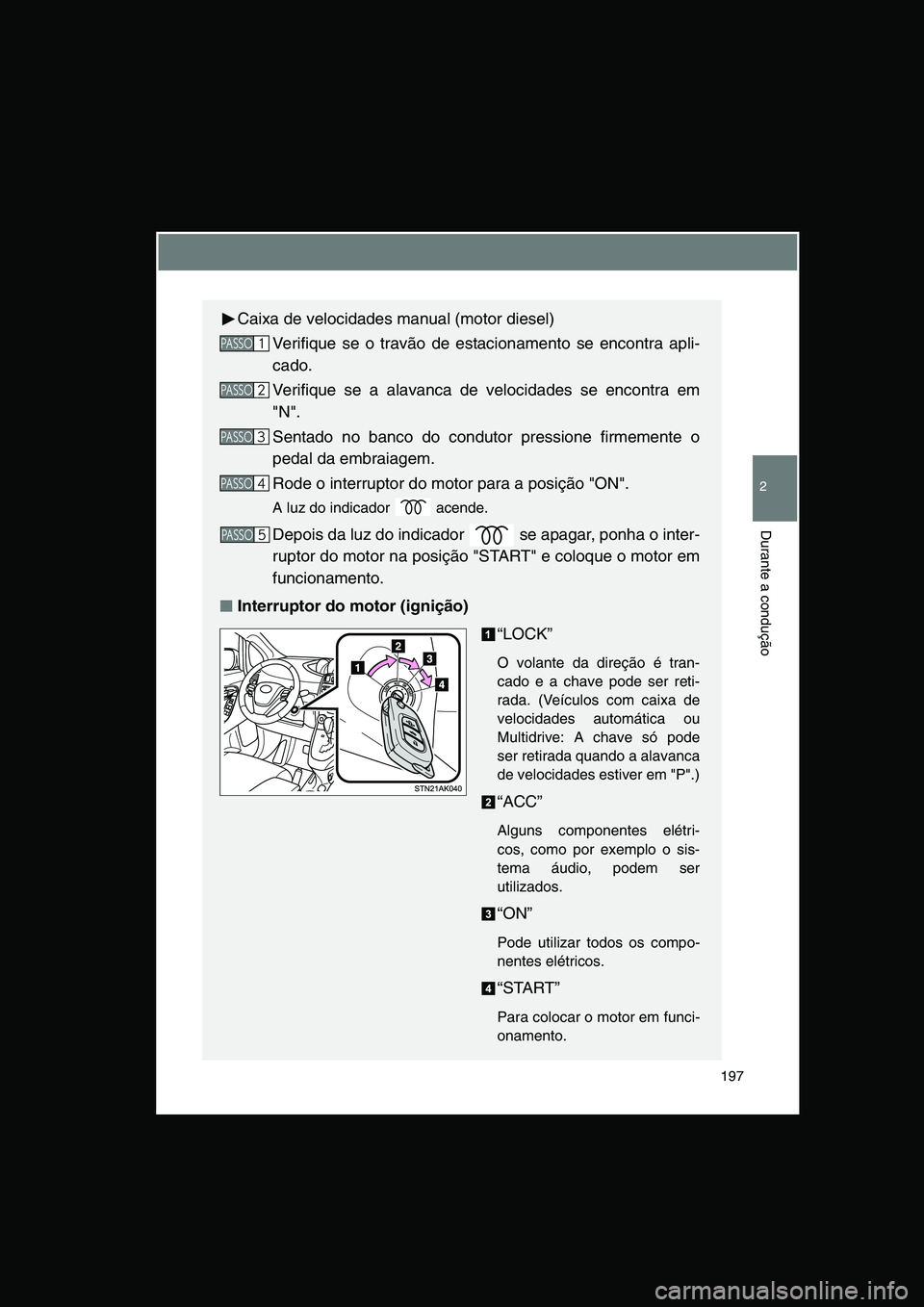 TOYOTA VERSO 2014 Manual de utilização (in Portuguese) 197
2
Durante a condução
Caixa de velocidades manual (motor diesel)
Verifique se o travão de estacionamento se encontra apli-
cado.
Verifique se a alavanca de velocidades se encontra em
"N".
Sentad TOYOTA VERSO 2014 Manual de utilização (in Portuguese) 197
2
Durante a condução
Caixa de velocidades manual (motor diesel)
Verifique se o travão de estacionamento se encontra apli-
cado.
Verifique se a alavanca de velocidades se encontra em
"N".
Sentad