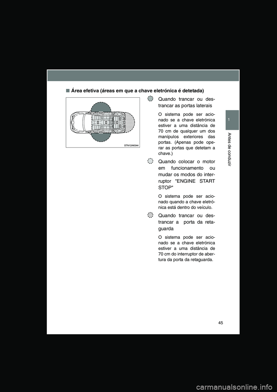 TOYOTA VERSO 2014 Manual de utilização (in Portuguese) 45
1
Antes de conduzir
■Área efetiva (áreas em que a chave eletrónica é detetada)
Quando trancar ou des-
trancar as portas laterais
O sistema pode ser acio-
nado se a chave eletrónica
estiver a TOYOTA VERSO 2014 Manual de utilização (in Portuguese) 45
1
Antes de conduzir
■Área efetiva (áreas em que a chave eletrónica é detetada)
Quando trancar ou des-
trancar as portas laterais
O sistema pode ser acio-
nado se a chave eletrónica
estiver a