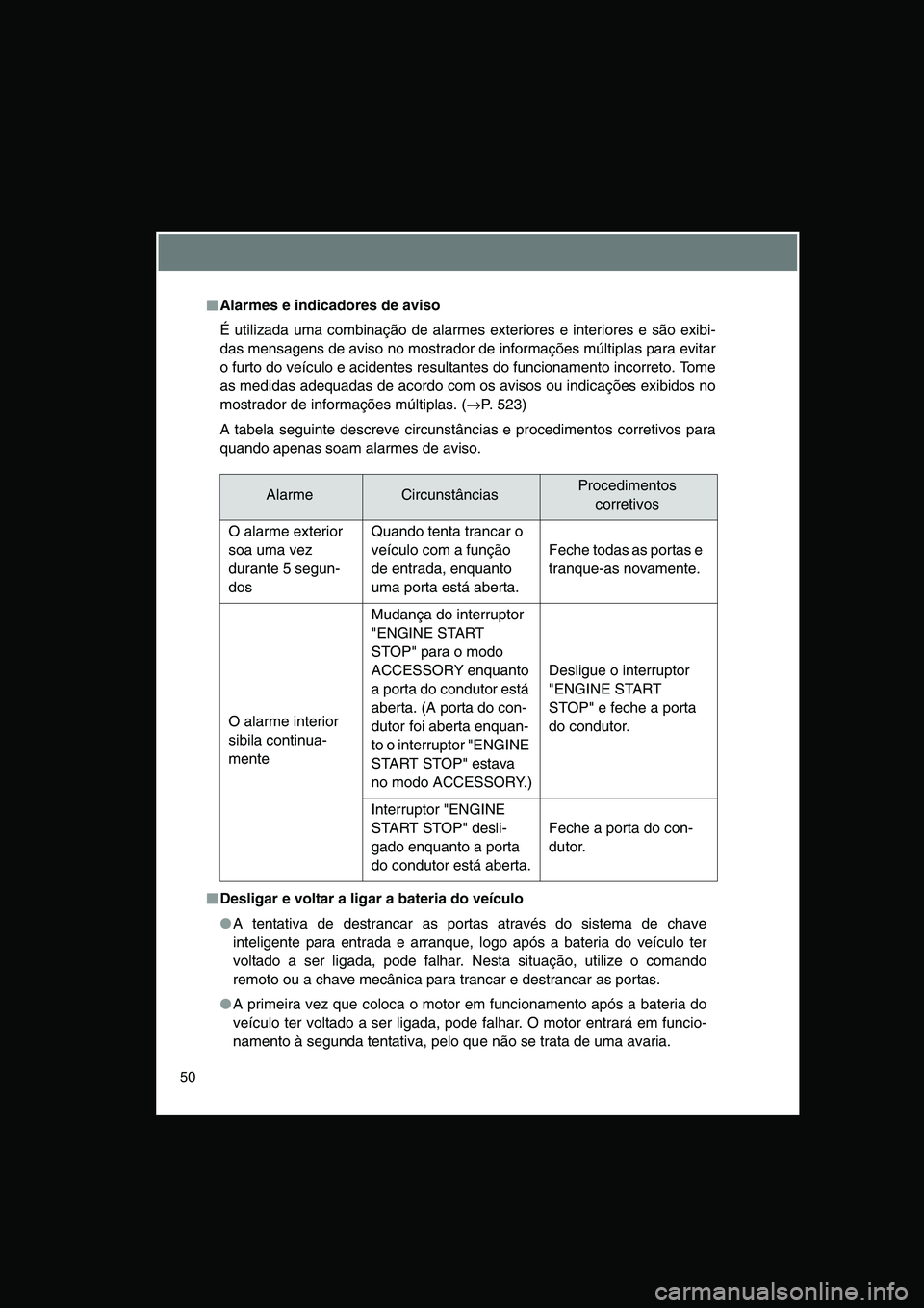 TOYOTA VERSO 2014 Manual de utilização (in Portuguese) 50
■■■■Alarmes e indicadores de aviso
É utilizada uma combinação de alarmes exteriores e interiores e são exibi-
das mensagens de aviso no mostrador de informações múltiplas para evitar TOYOTA VERSO 2014 Manual de utilização (in Portuguese) 50
■■■■Alarmes e indicadores de aviso
É utilizada uma combinação de alarmes exteriores e interiores e são exibi-
das mensagens de aviso no mostrador de informações múltiplas para evitar