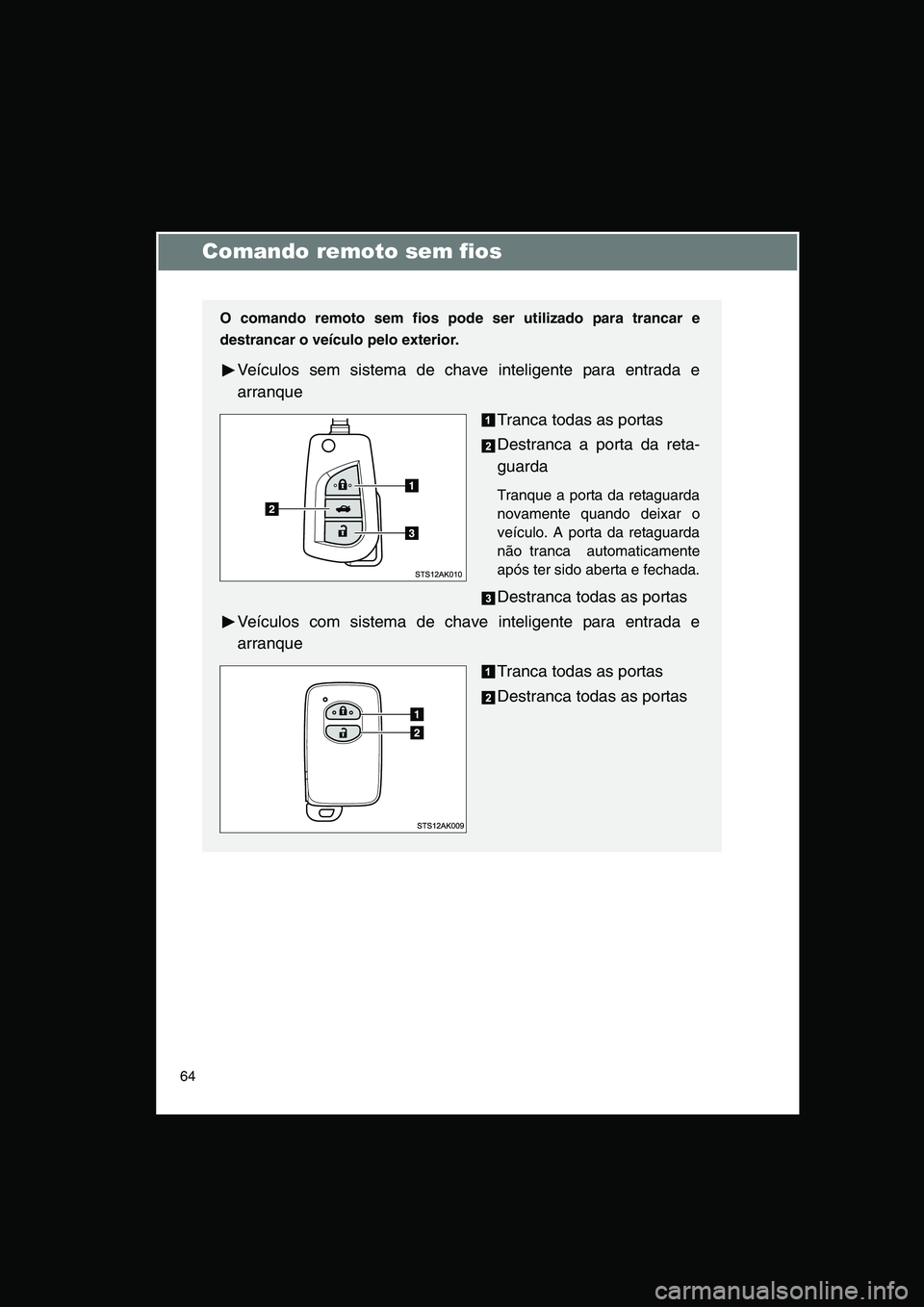TOYOTA VERSO 2014  Manual de utilização (in Portuguese) 64
Comando remoto sem fios
O comando remoto sem fios pode ser utilizado para trancar e
destrancar o veículo pelo exterior.
Veículos sem sistema de chave inteligente para entrada e
arranque
Tranca to
