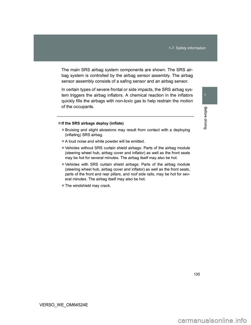TOYOTA VERSO 2011  Owners Manual 135 1-7. Safety information
1
Before driving
VERSO_WE_OM64524EThe main SRS airbag system components are shown. The SRS air-
bag system is controlled by the airbag sensor assembly. The airbag
sensor as