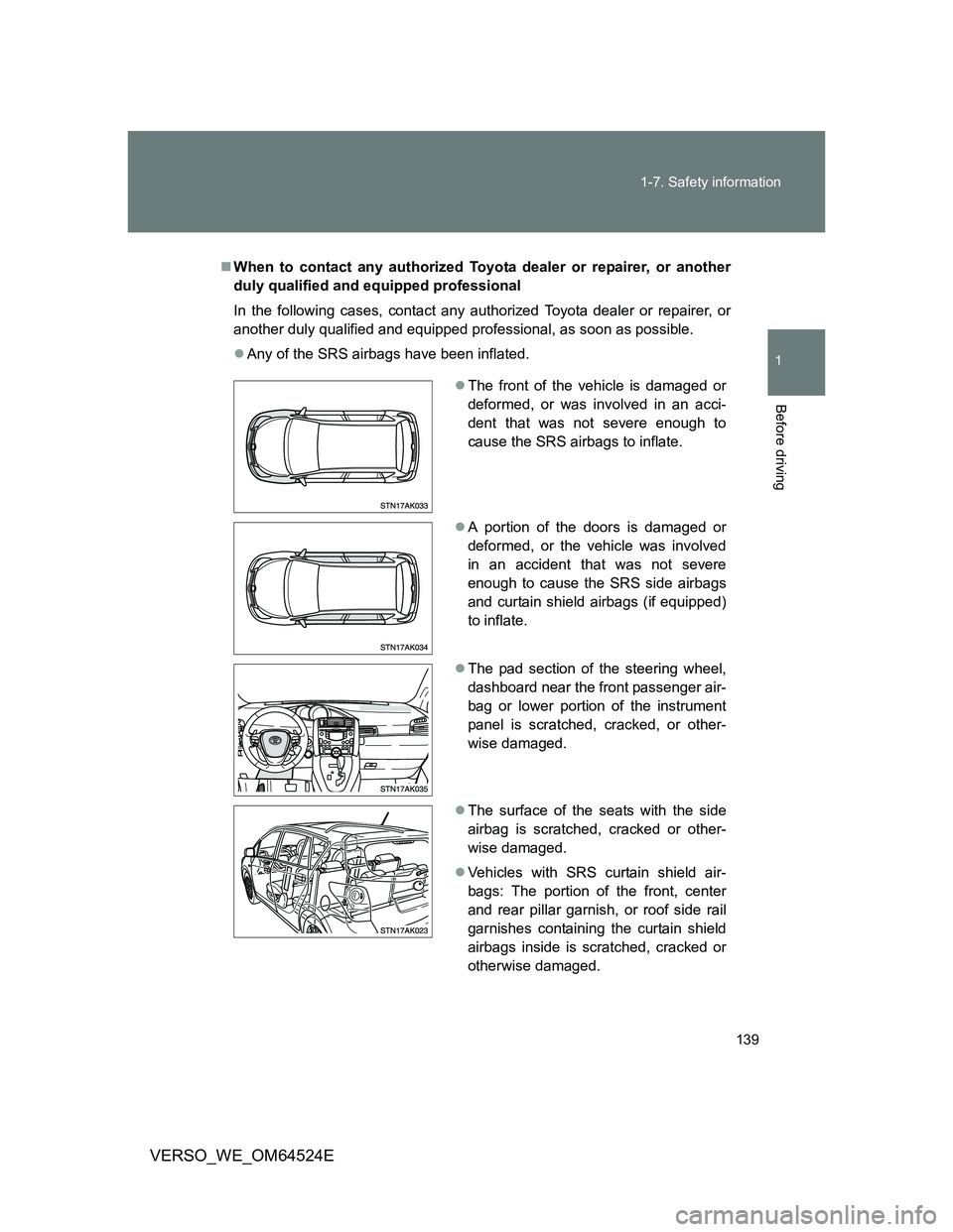 TOYOTA VERSO 2011  Owners Manual 139 1-7. Safety information
1
Before driving
VERSO_WE_OM64524E
When to contact any authorized Toyota dealer or repairer, or another
duly qualified and equipped professional
In the following cases, 