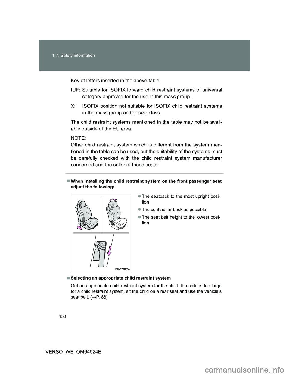 TOYOTA VERSO 2011  Owners Manual 150 1-7. Safety information
VERSO_WE_OM64524EKey of letters inserted in the above table:
IUF: Suitable for ISOFIX forward child restraint systems of universal
category approved for the use in this mas