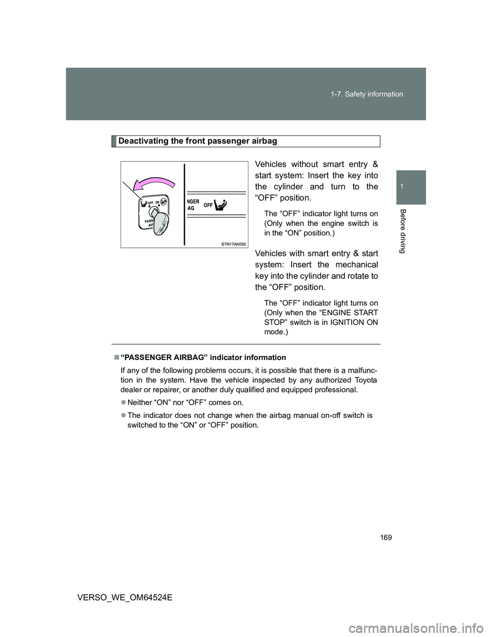 TOYOTA VERSO 2011  Owners Manual 169 1-7. Safety information
1
Before driving
VERSO_WE_OM64524E
Deactivating the front passenger airbag
Vehicles without smart entry &
start system: Insert the key into
the cylinder and turn to the
“