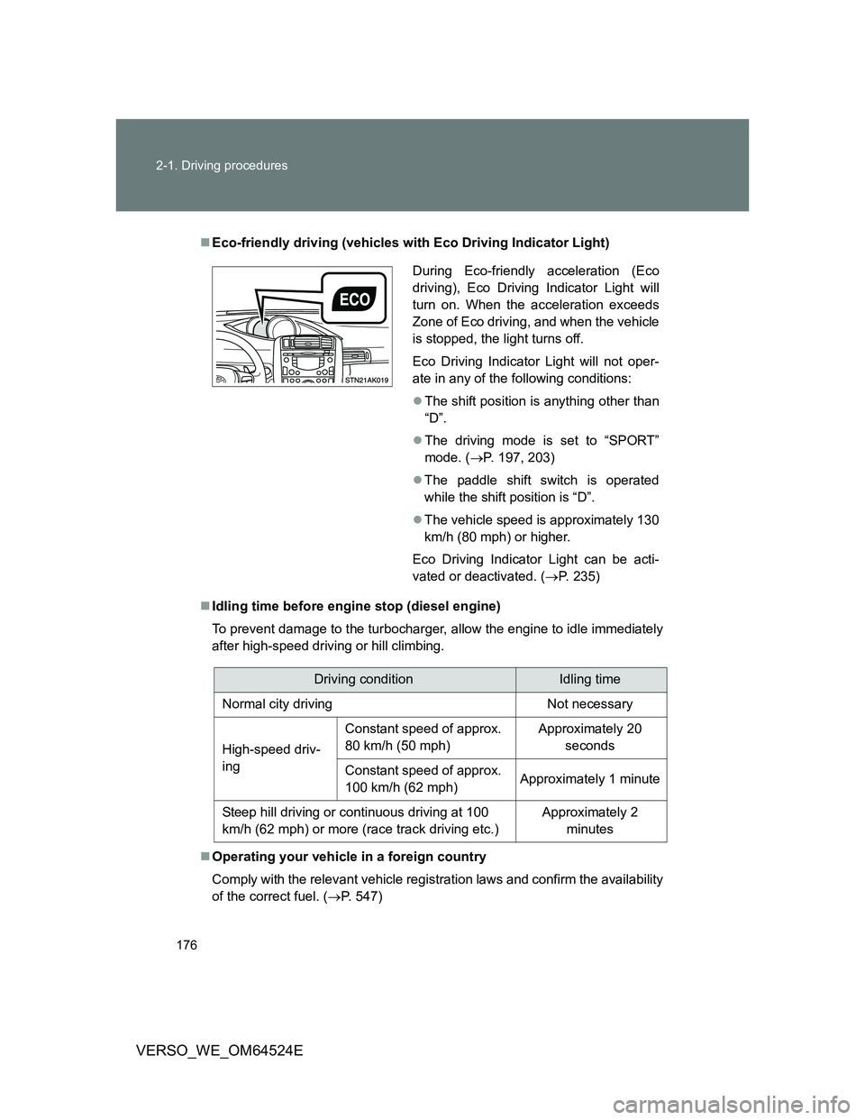 TOYOTA VERSO 2011  Owners Manual 176 2-1. Driving procedures
VERSO_WE_OM64524E
Eco-friendly driving (vehicles with Eco Driving Indicator Light)
Idling time before engine stop (diesel engine)
To prevent damage to the turbocharge