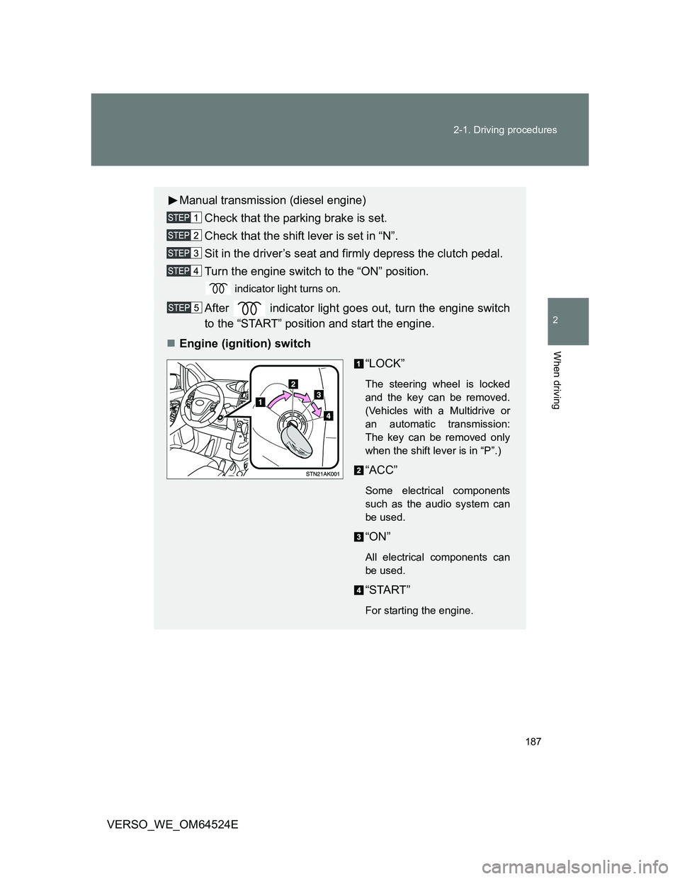 TOYOTA VERSO 2011  Owners Manual 187 2-1. Driving procedures
2
When driving
VERSO_WE_OM64524E
Manual transmission (diesel engine)
Check that the parking brake is set.
Check that the shift lever is set in “N”.
Sit in the driver’