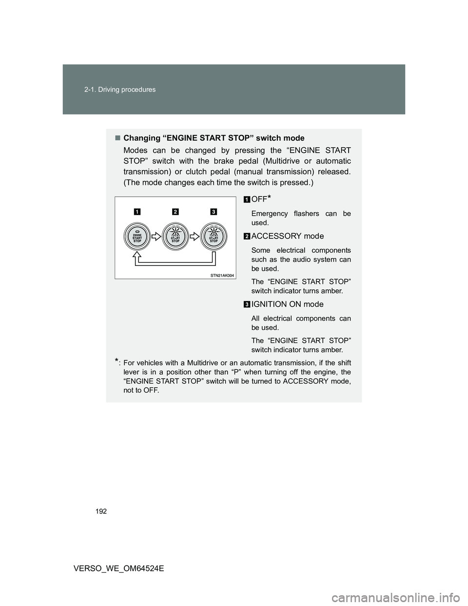 TOYOTA VERSO 2011  Owners Manual 192 2-1. Driving procedures
VERSO_WE_OM64524E
Changing “ENGINE START STOP” switch mode
Modes can be changed by pressing the “ENGINE START
STOP” switch with the brake pedal (Multidrive or au