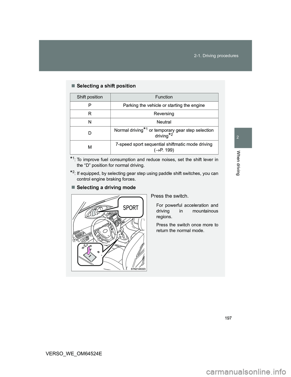 TOYOTA VERSO 2011  Owners Manual 197 2-1. Driving procedures
2
When driving
VERSO_WE_OM64524E
Selecting a shift position
*1: To improve fuel consumption and reduce noises, set the shift lever in
the “D” position for normal dri